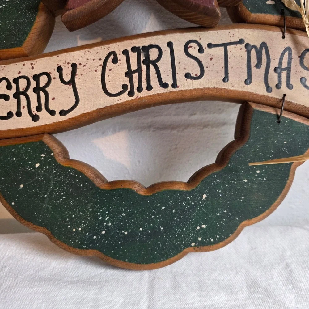 Rustic 90s Wood Merry Christmas Wreath Wall Door Hanging Country Green Bow